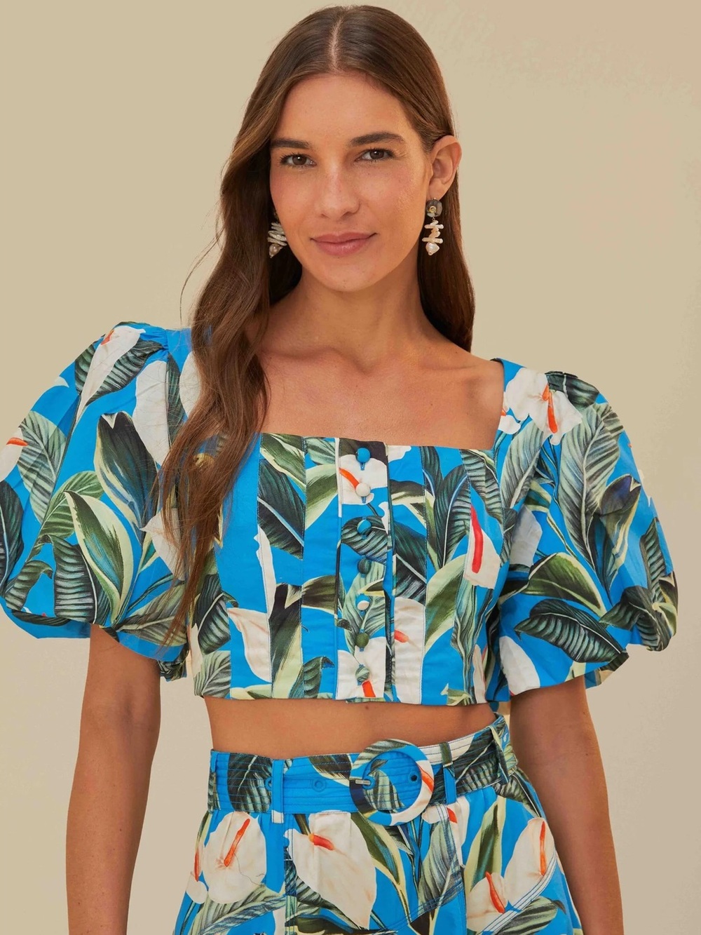 Farm Rio Anthurium Crop Top Size M Puff Sleeve Floral Tropical Beach Bohemian